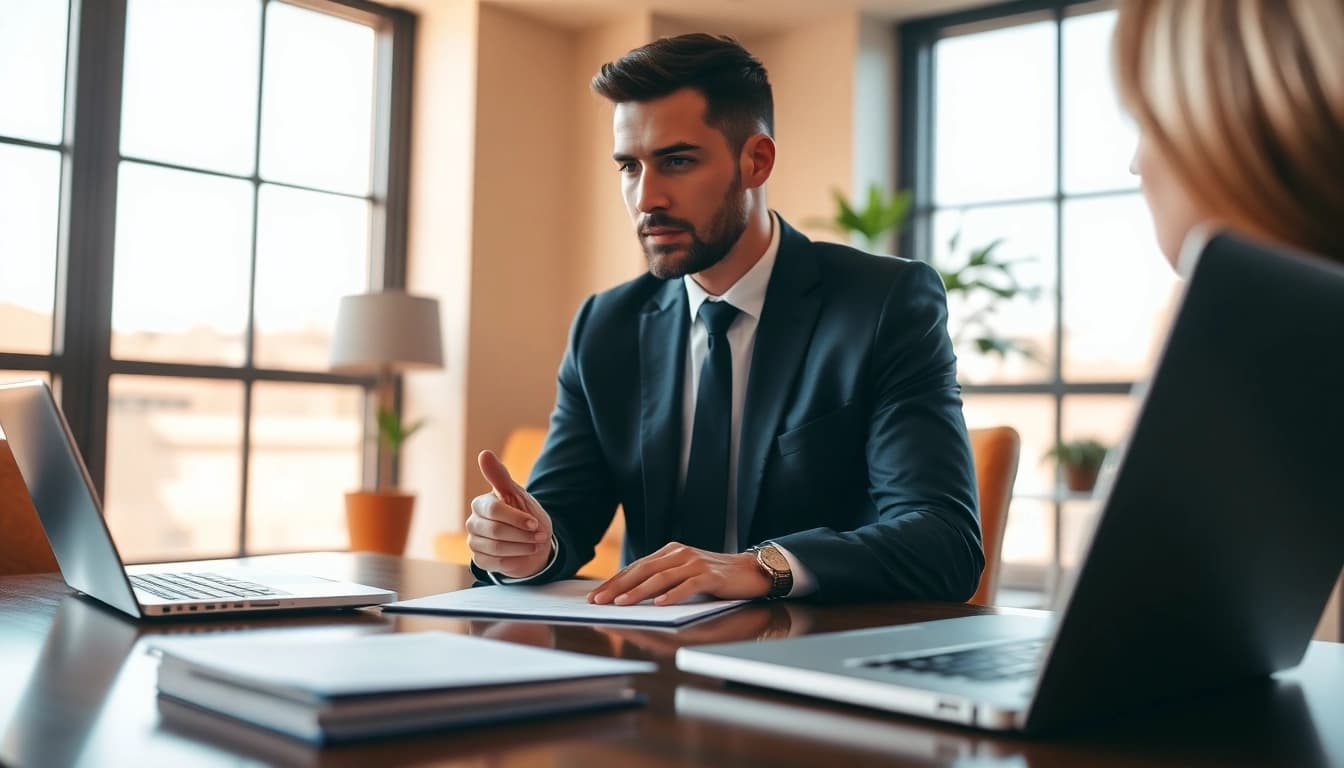 Compassionate Alexandria Personal Injury Lawyer consulting a client in a professional office setting.
