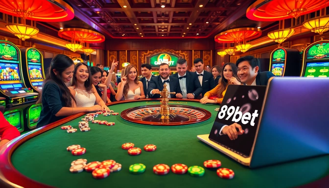 Excited gamblers at a luxurious casino engaging with the 89bet com online experience at a vibrant roulette table.