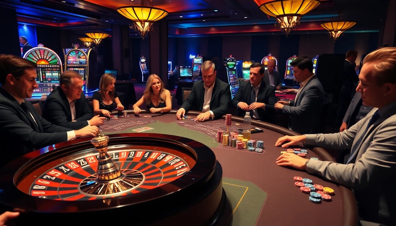 Exciting casino gaming scene at 88vv with players betting at tables and slot machines.