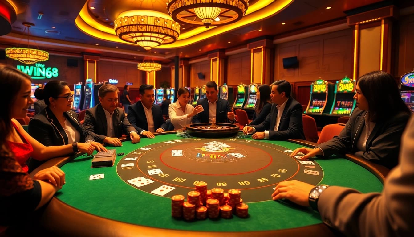 IWIN68 players engaging in a high-stakes game at a luxurious casino table.