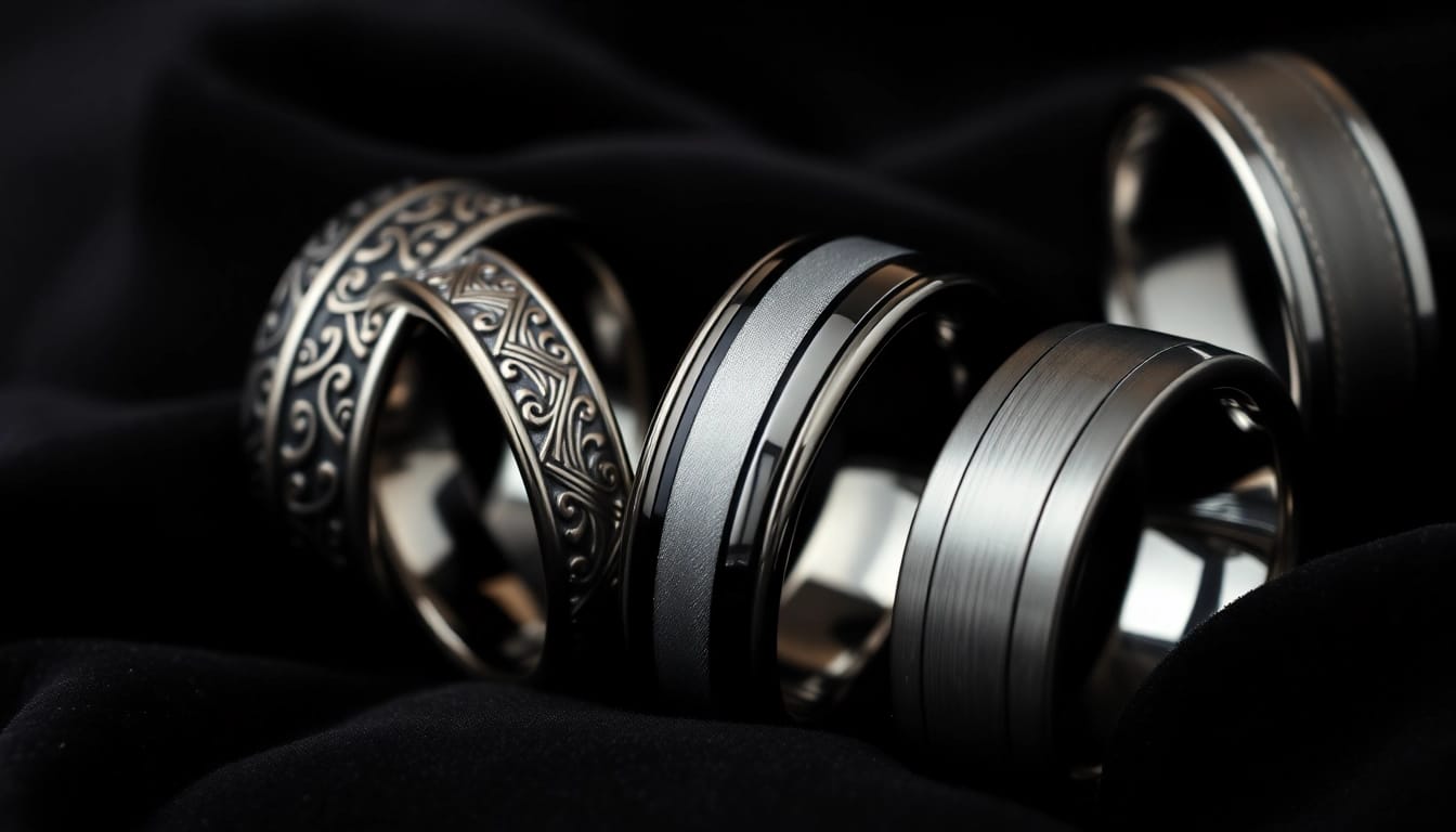 Showcasing tungsten wedding bands with intricate designs on a velvet backdrop, reflecting elegance.