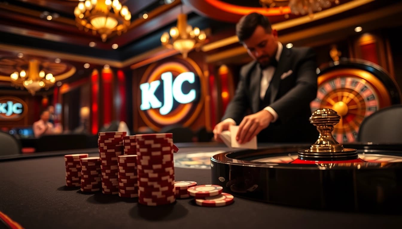 KJC poker chips stacked high on a luxurious casino table amidst a sophisticated ambiance.