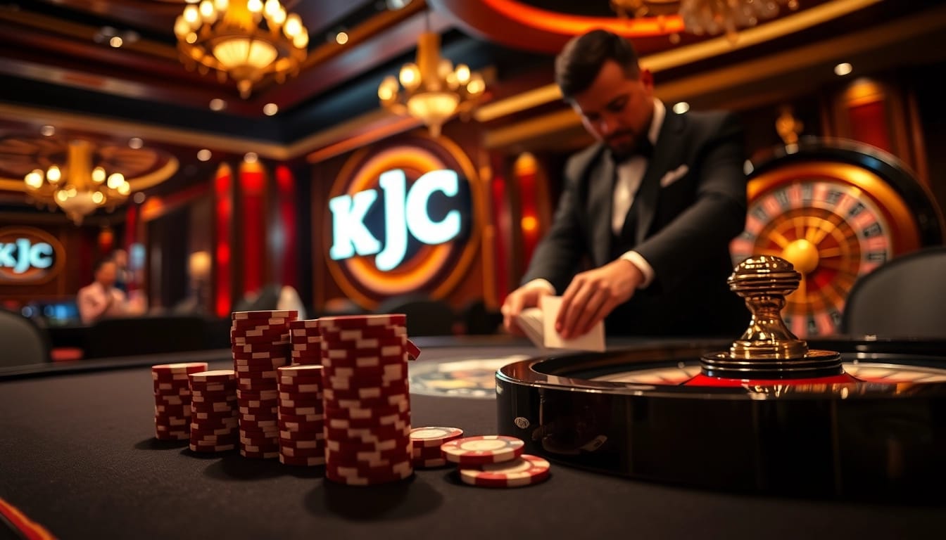 KJC poker chips stacked high on a luxurious casino table amidst a sophisticated ambiance.