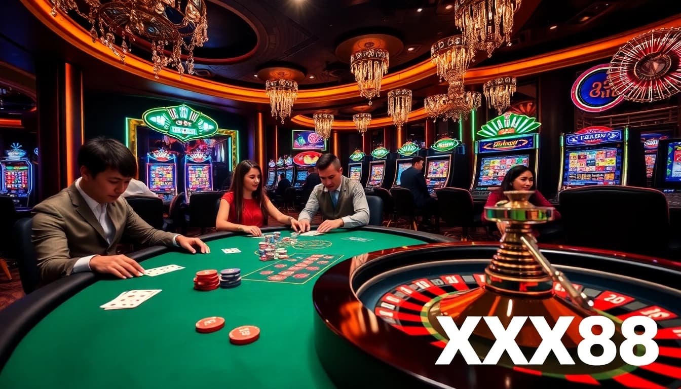 Players engaging in an exciting poker game at XX88 casino, surrounded by vibrant slot machines.