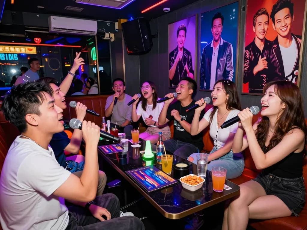 活気あるホーチミンシティの設定で友達と歌い、飲み物を楽しむベトナム꿀밤カラオケの生き生きとした雰囲気を体験してください。