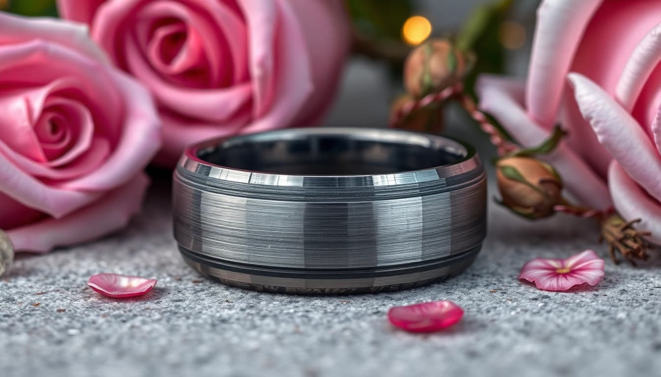 Showcasing Gunmetal Wedding Bands for Men with elegant brushed finish and artistic presentation.