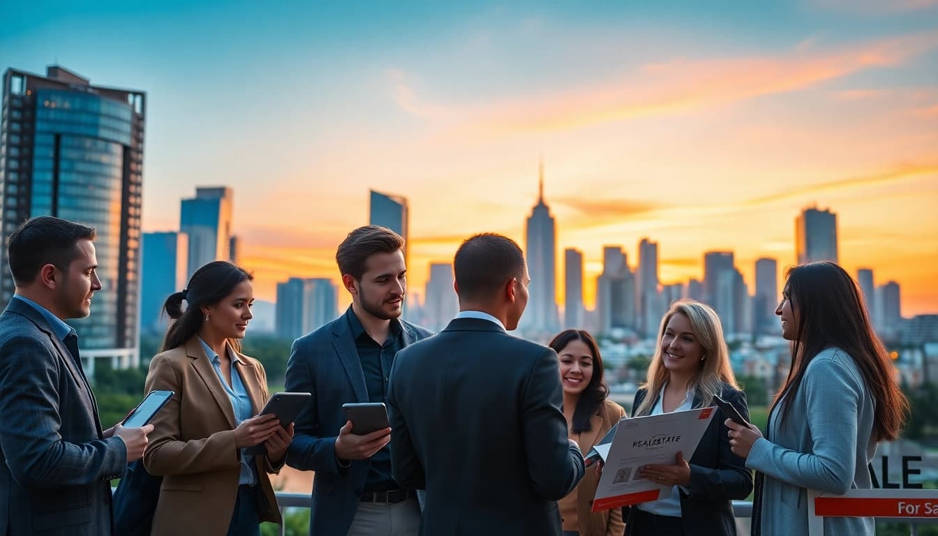 Engaging discussion on real estate with diverse individuals in a vibrant urban setting.