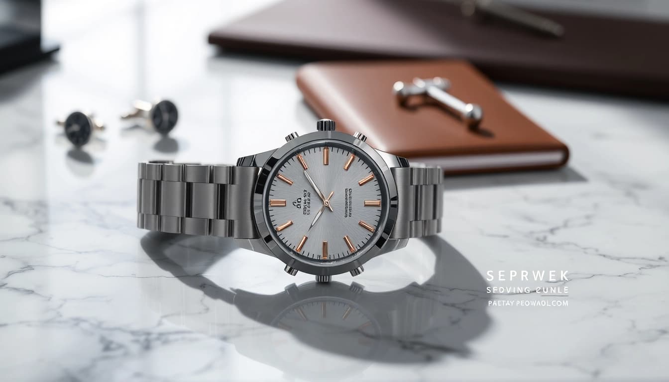 Showcasing a detailed replica watch on a marble surface with luxurious accessories.