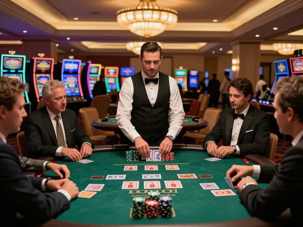Players strategizing at a high-stakes blackjack table in s666 casino ambiance.