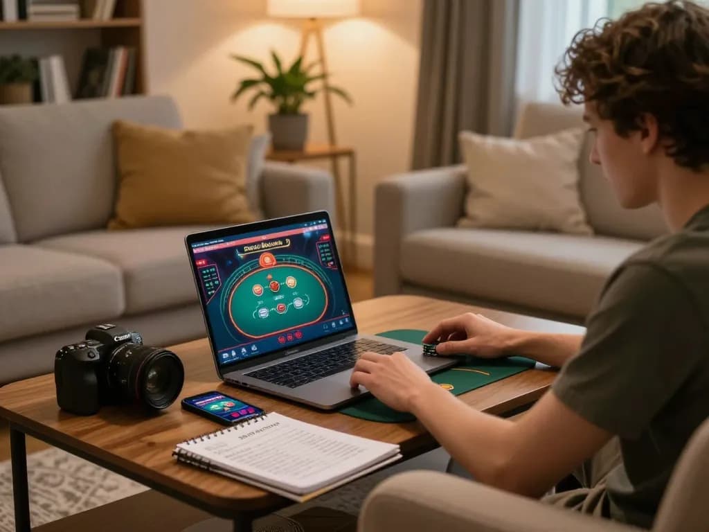 Person playing poker on Laptop at home while using okwintv app on smartphone, demonstrating online gaming.