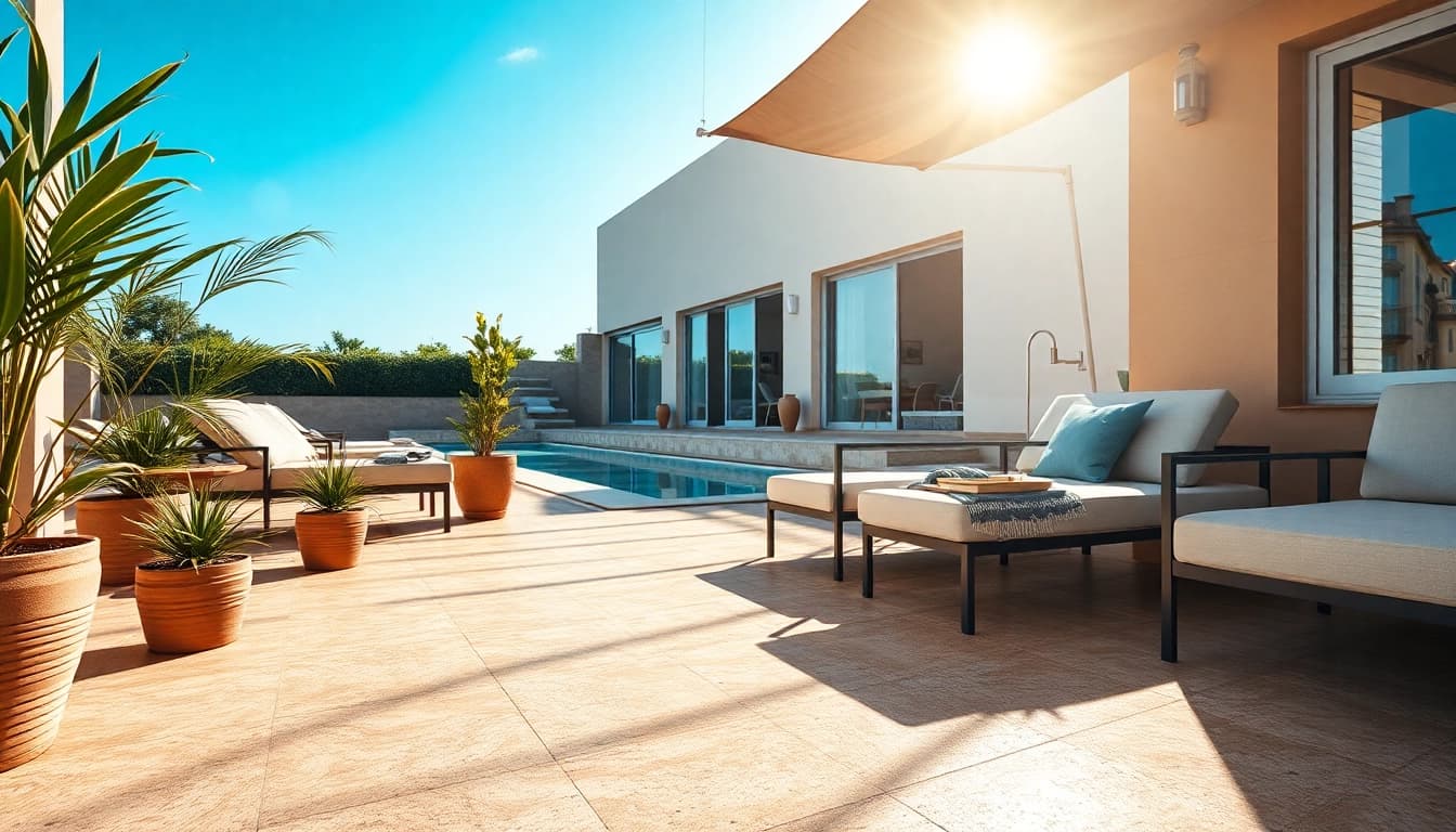 Terrasse extérieure élégante avec du carrelage extérieur, mettant en valeur un design moderne et le confort.