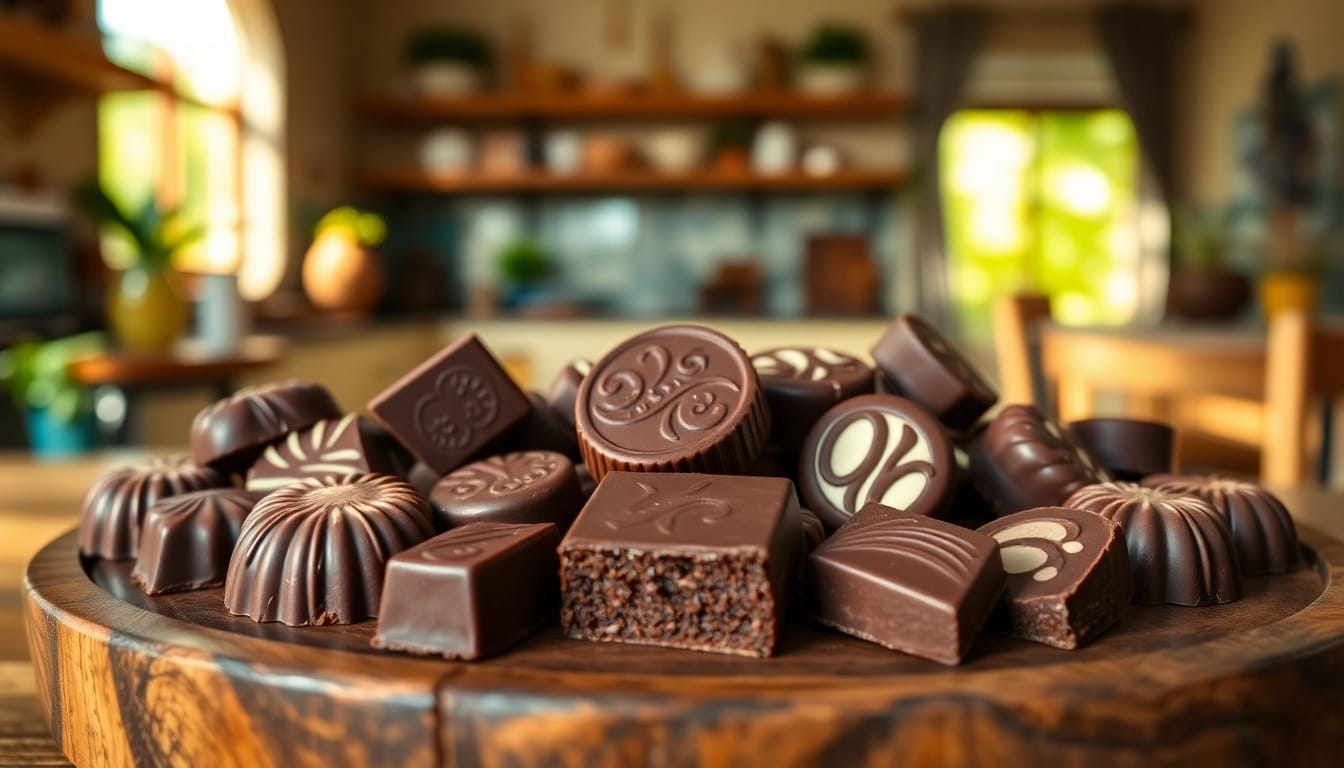 Savor chocolate edibles 1000mg presented on a wooden platter, showcasing rich textures and inviting atmosphere.