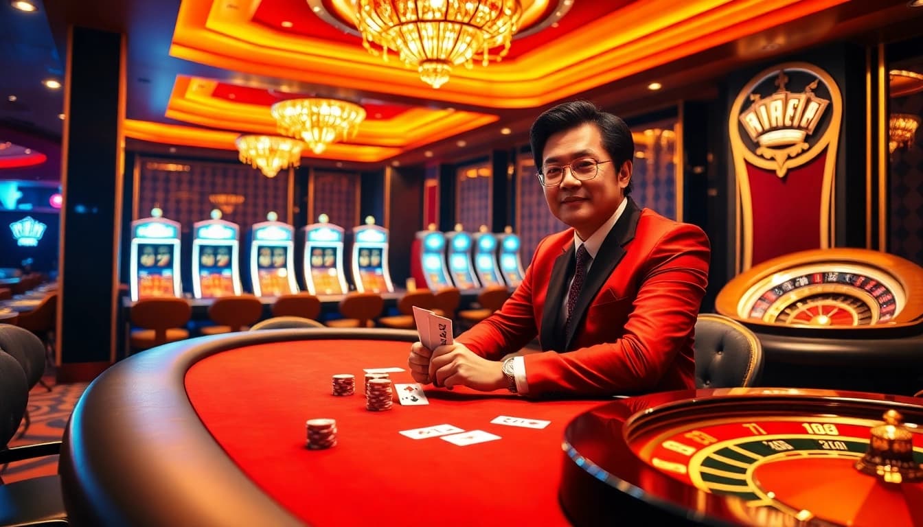 Tác giả Trần Chinh plays poker at a vibrant casino table filled with excitement.