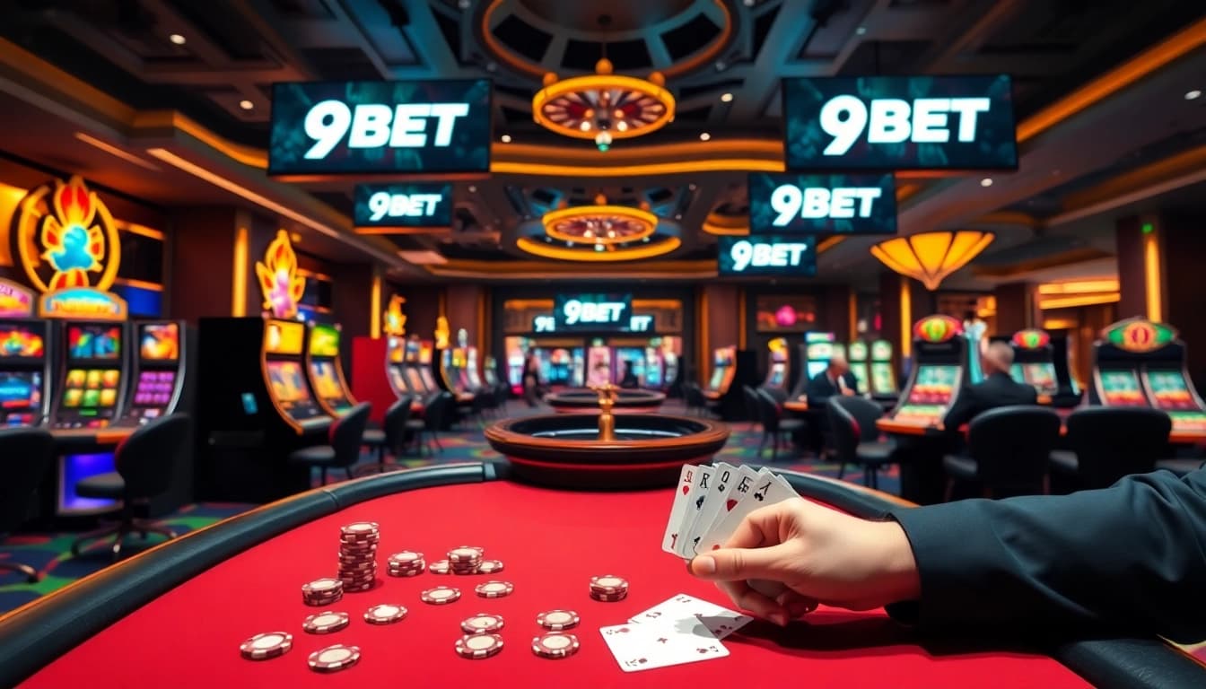 Engaging casino scene featuring 9BET logo, poker table, and vibrant gaming elements.