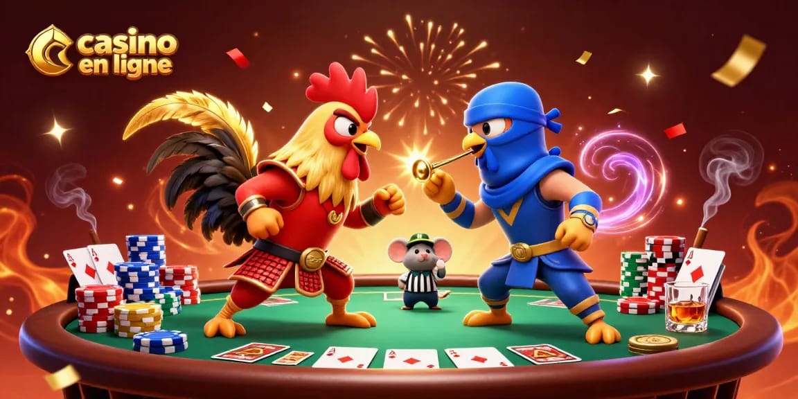 Faites l'expérience d'un combat captivant de coqs au casino en ligne avec des éléments de poker colorés.