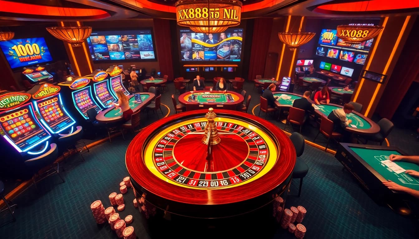 Engaging players at a luxurious casino showcasing betting excitement at https://xx88.nl/ with a vibrant roulette wheel.