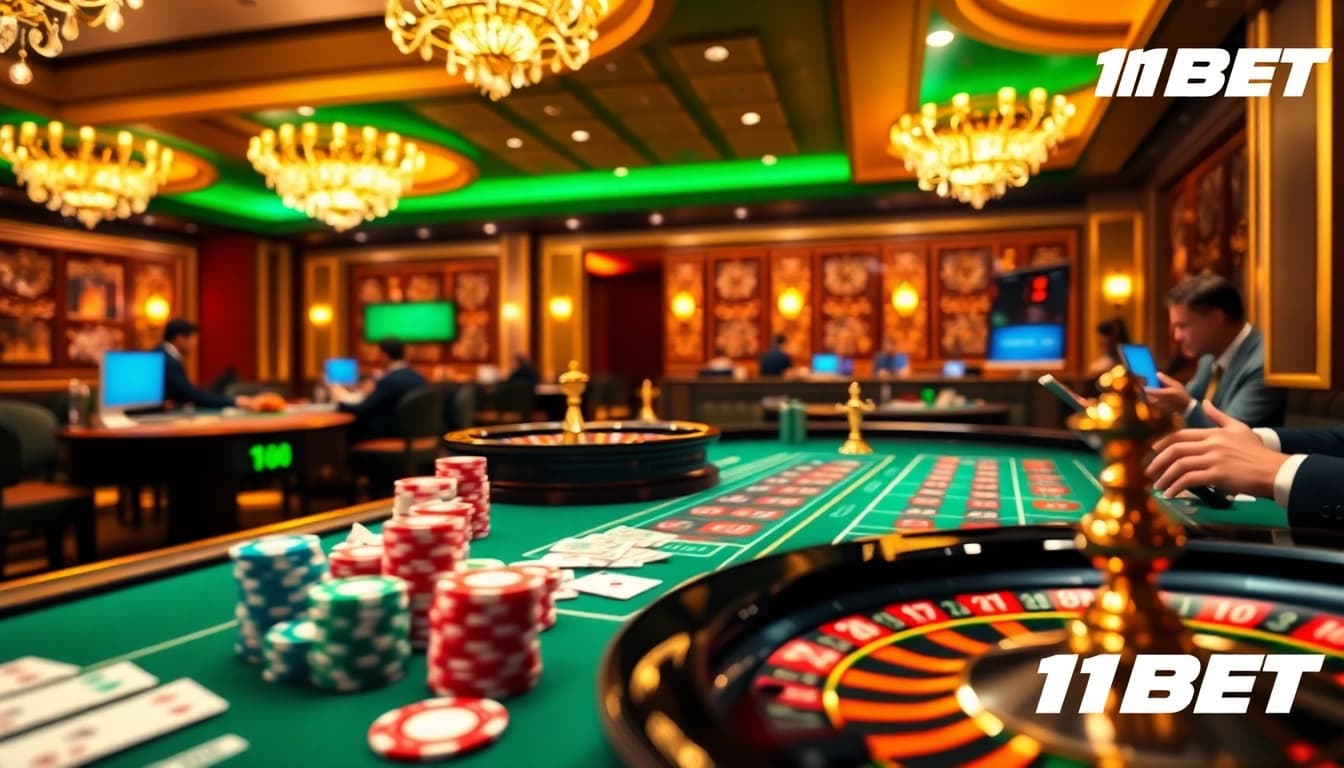 Engaging players at the 11BET online casino, showcasing vibrant gaming elements and professional ambiance.