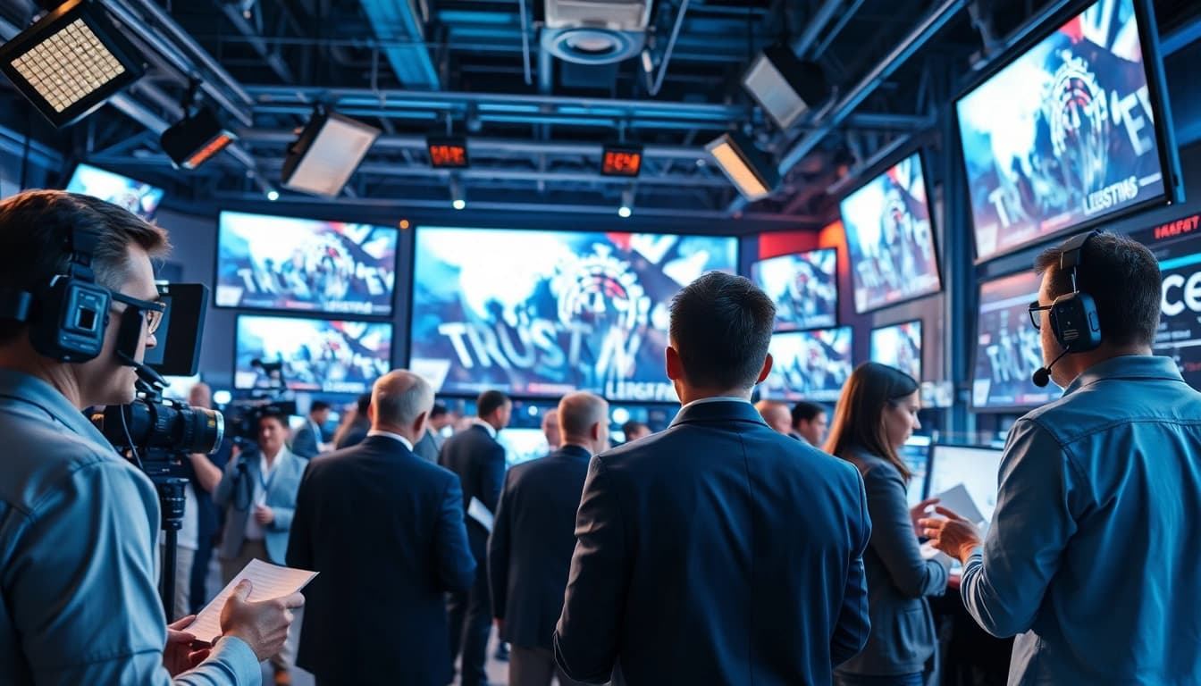 Capture news journalists reporting breaking news in a vibrant newsroom environment.