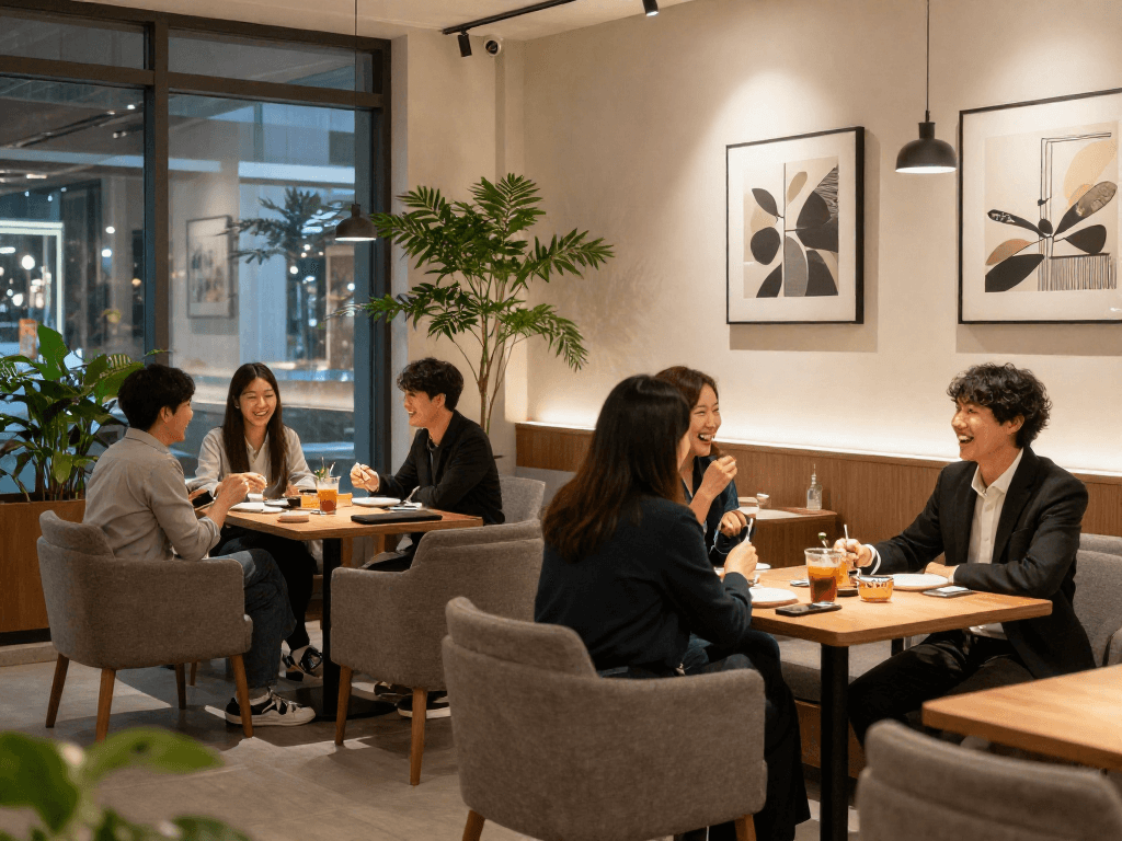 강남쩜오 멀리건의 아늑한 실내 공간에서 친구들이 즐거운 시간을 보내는 모습