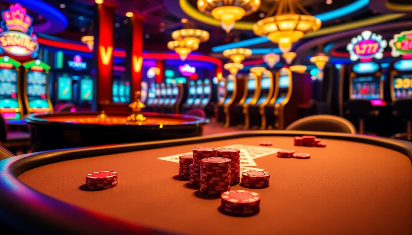 A thrilling casino experience at vmax with vibrant poker chips and illuminated roulette wheel.