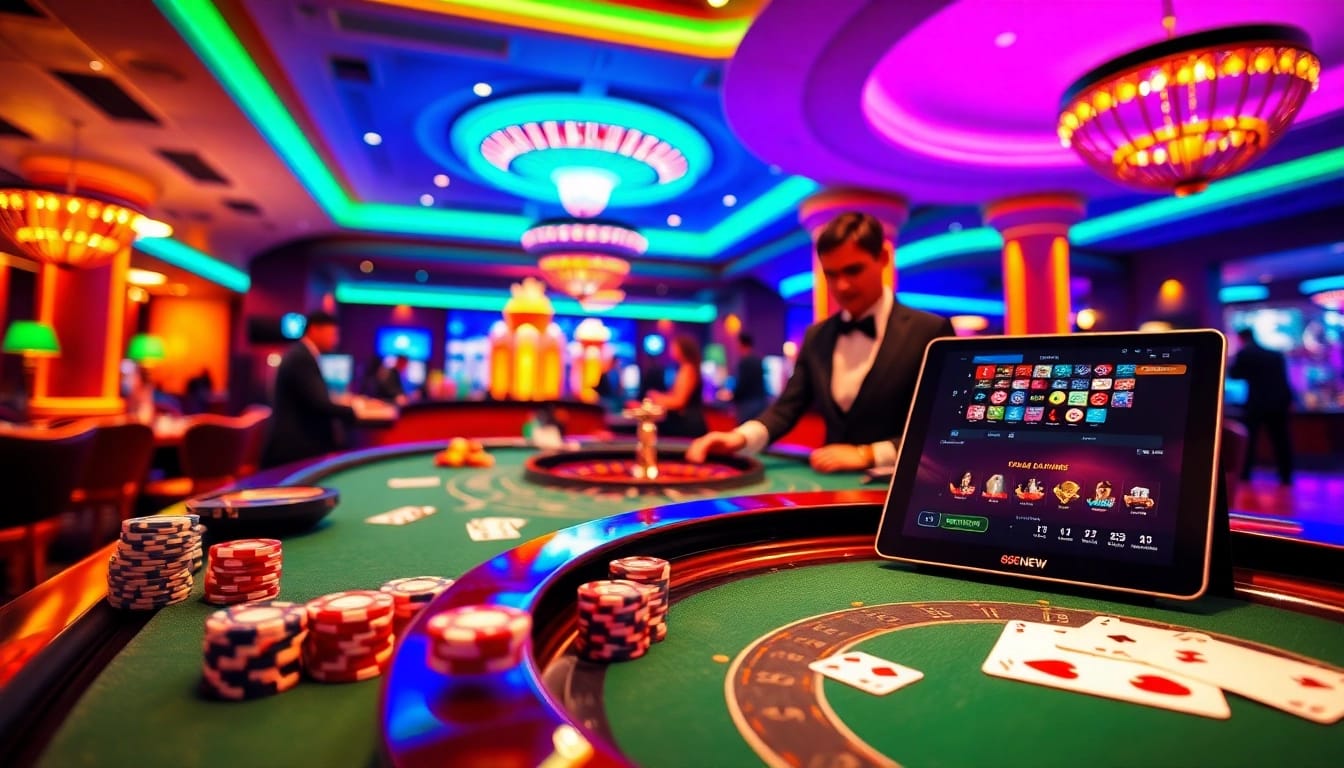 Engage with the thrilling atmosphere of 888NEW’s casino experience, featuring vibrant poker chips and professional dealers.