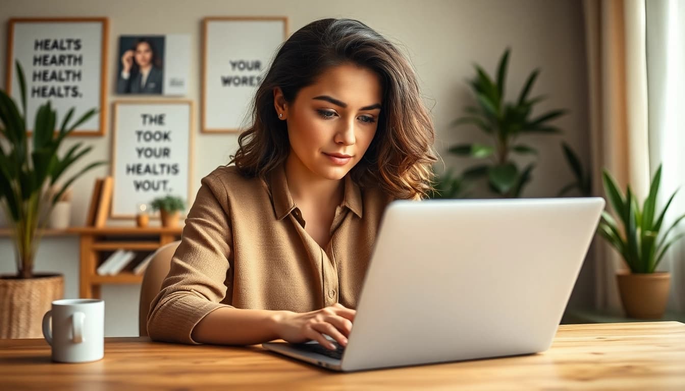 Empowering woman engaged with https://womens-health-advice.org in a cozy home office.