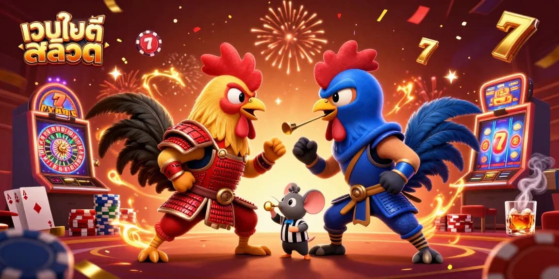 Experience thrilling gameplay at เว็บไซต์สล็อต with vibrant fighting roosters amidst a lively casino scene.