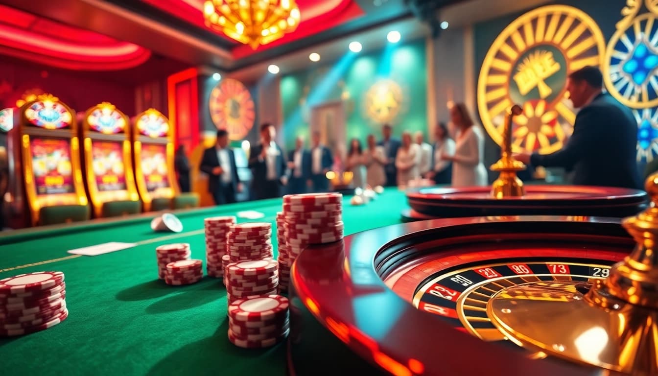Experience the excitement of RR88 with vibrant casino tables, poker chips, and a roulette wheel.