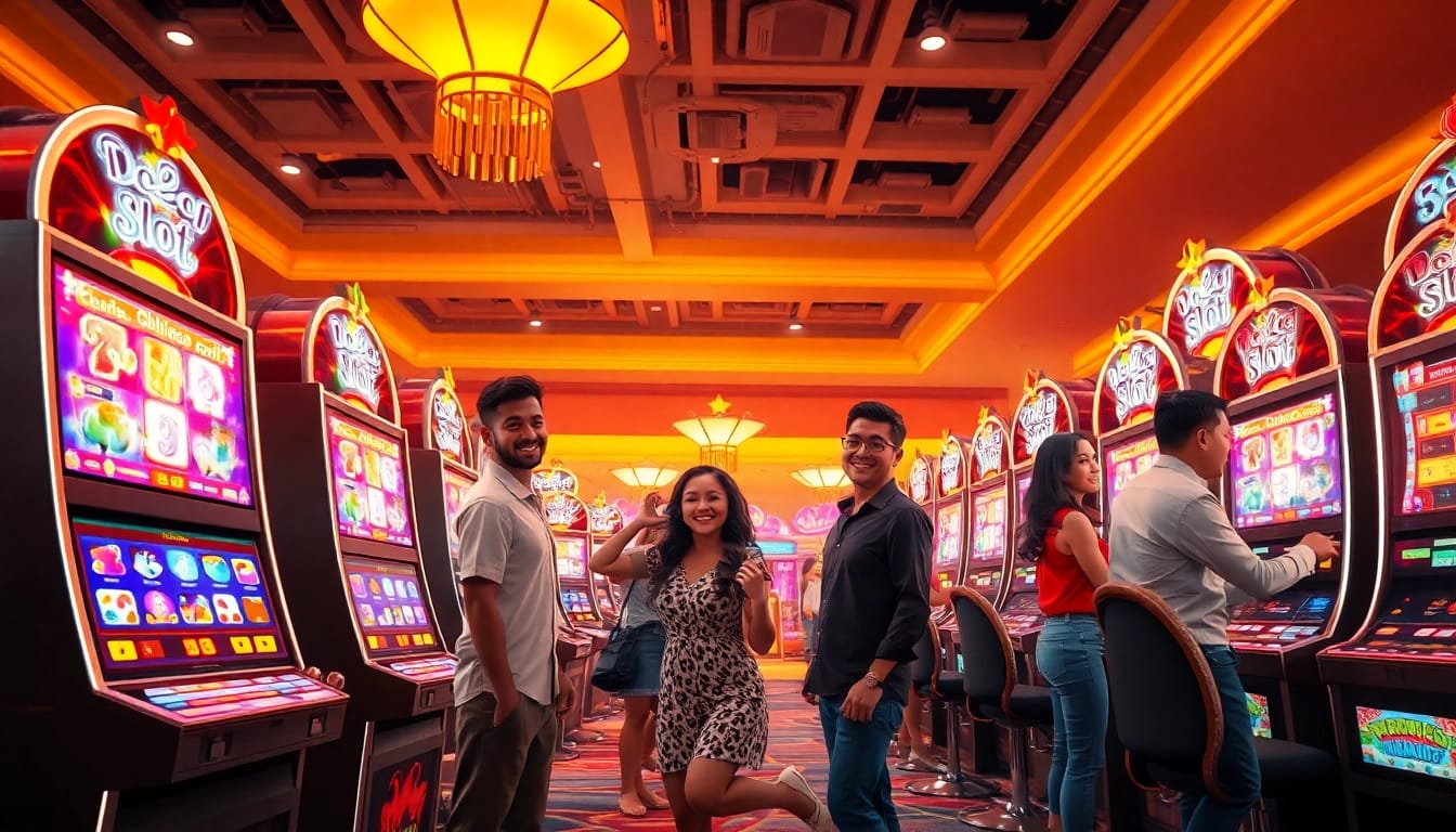 Exciting scene of players engaging with doaslot slot machines in a vibrant online casino atmosphere.