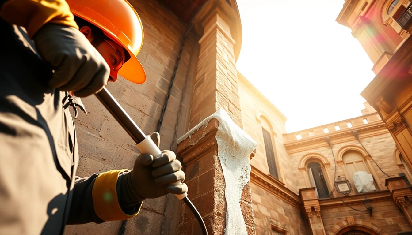 Showcase heritage preservation and heavy-duty waterproofing techniques on a historic building.