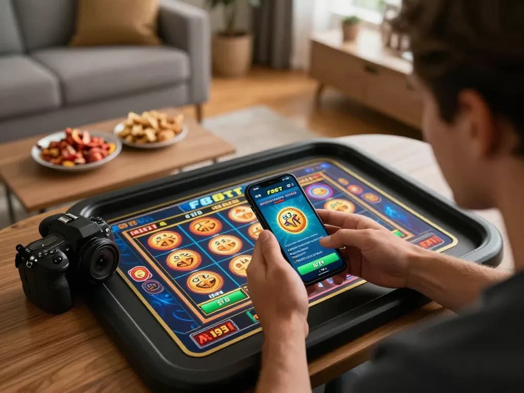 Player engaging with F8BET app for thrilling mobile gambling experience in cozy setting.