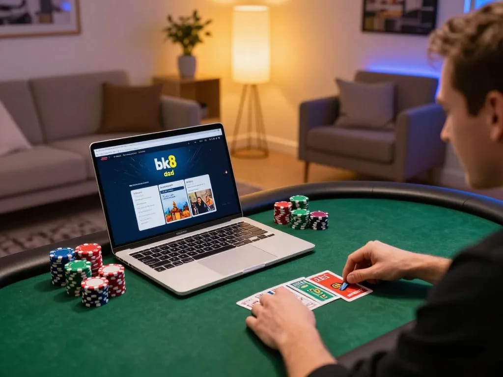 Player enjoying online poker at bk8 dad with engaging setup in modern home.