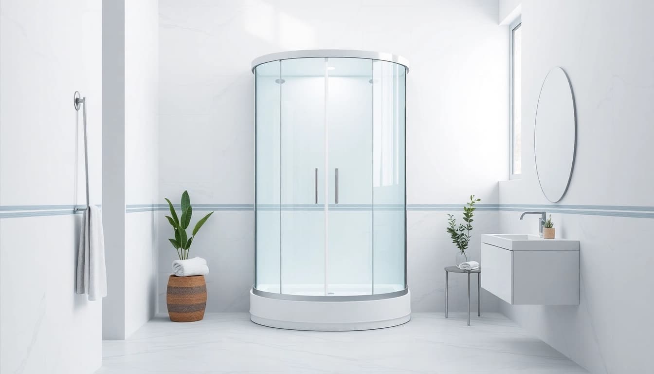 Moderne duschkabine 90x90 in stilvollem Badezimmer mit eleganten Fliesen