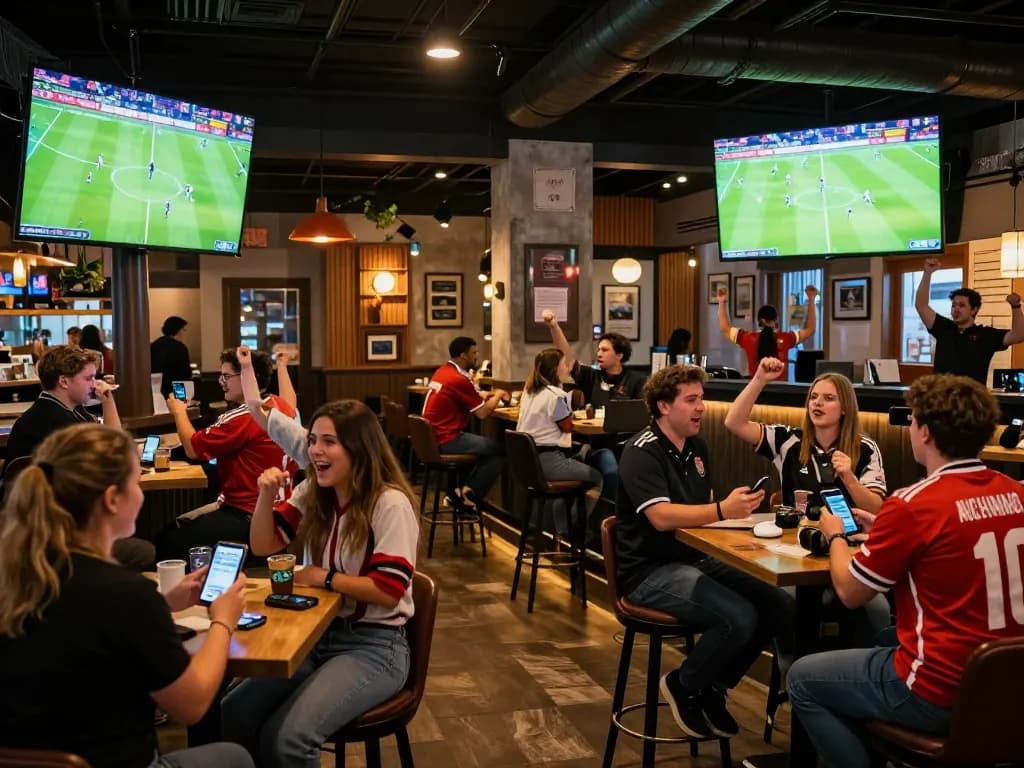 Patrons engaging with luongson tv while placing sports bets on mobile devices in a lively setting.