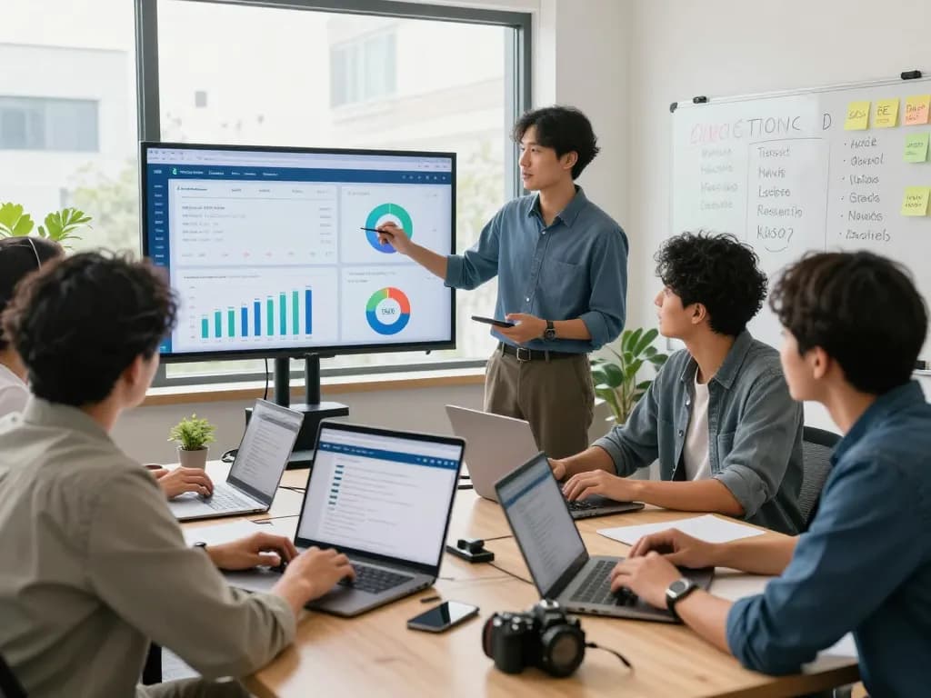 Team discussing SEO strategies in a modern office, representing NYC SEO Company services.