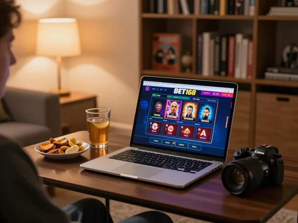 Engaging BET168 online casino gaming scene with a player using a laptop in a cozy setting, portraying an immersive gambling experience.