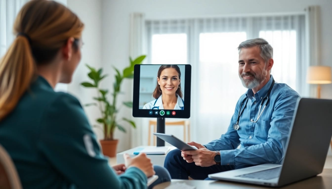 Interactively talk to a doctor online without appointment through video consultation in a modern office.