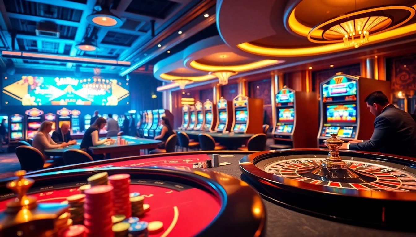 Engaging casino scene highlighting online gambling excitement at https://88clb.design/ with vibrant tables and players.