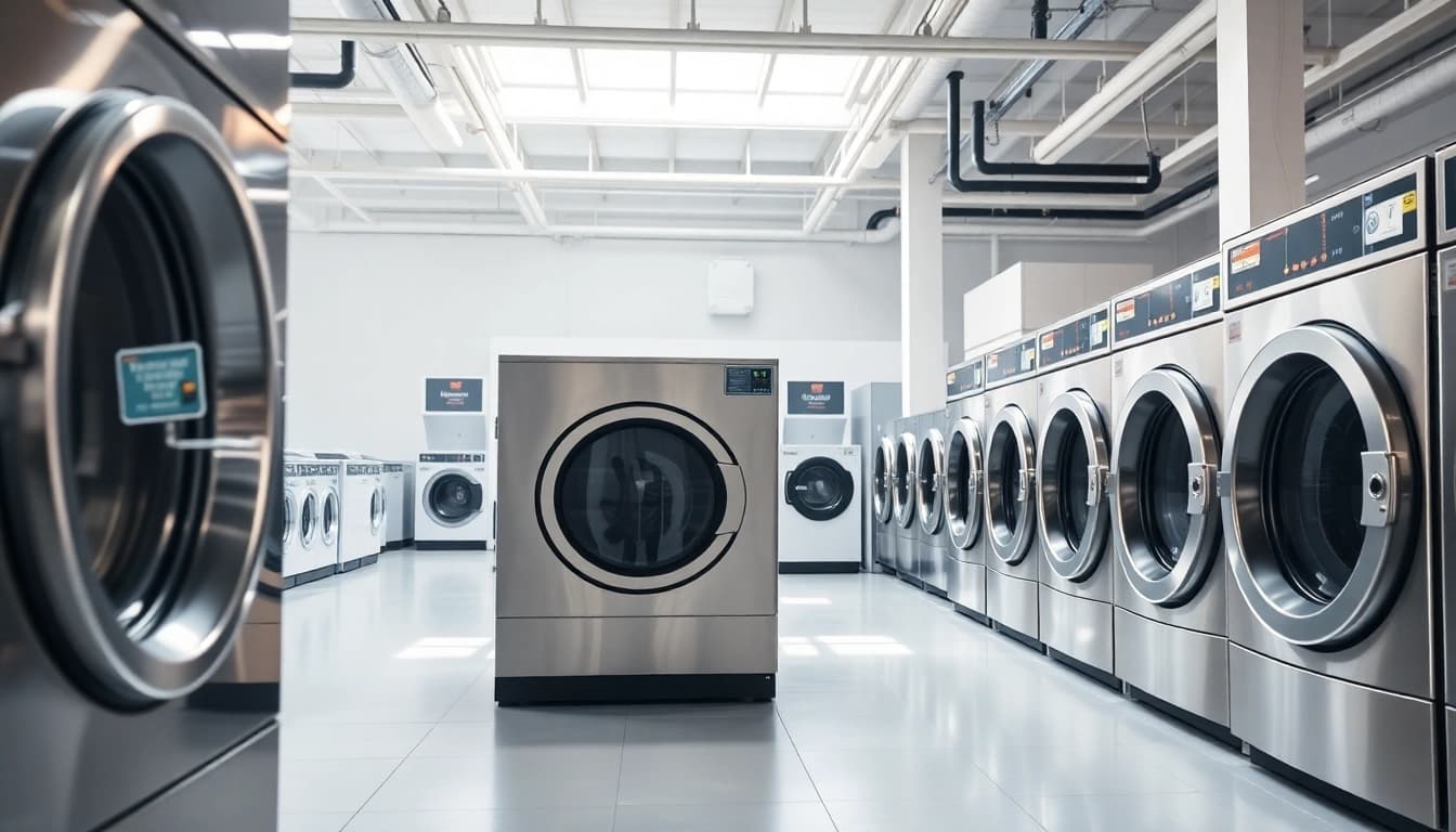 Laundry Equipment Suppliers showcasing state-of-the-art commercial laundry machines in a modern setting.