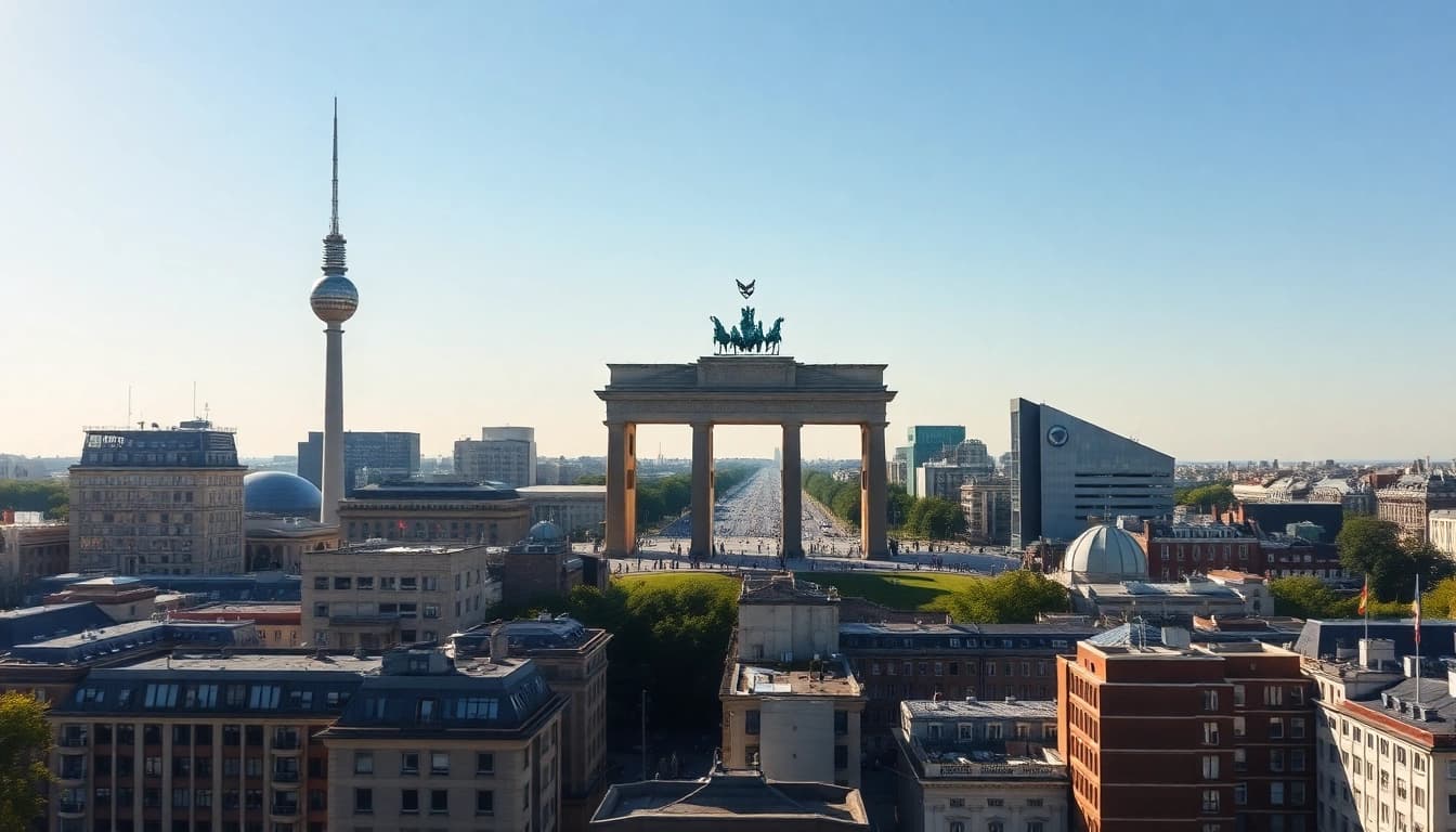 Drohnenaufnahmen Berlin, eindrucksvolle Luftaufnahme der Berliner Skyline mit prominentem Flair.