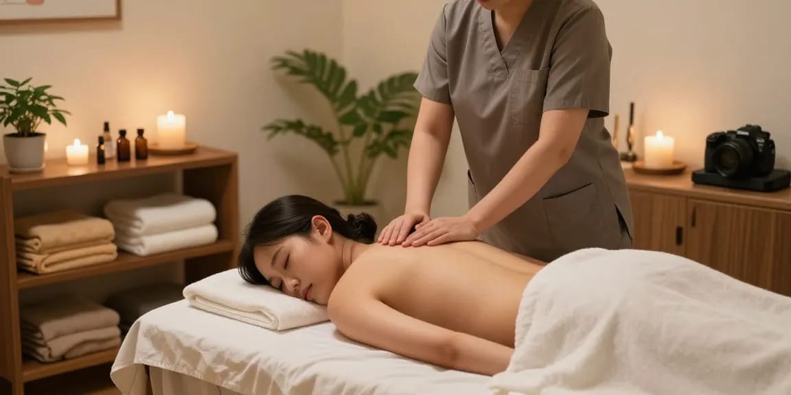논현동마사지 중인 고객과 관리사, 편안한 마사지 공간에서 아로마 오일과 따뜻한 수건이 있는 모습