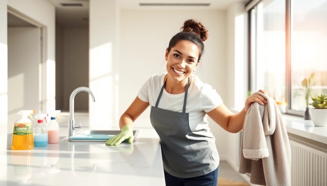 Efficient bond cleaning brisbane by a professional cleaner in a bright, tidy apartment.