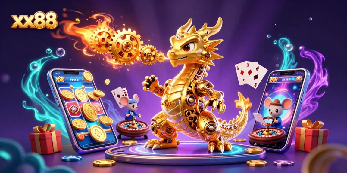 Experience thrilling gaming adventures with xx88 featuring a whimsical golden dragon amidst online casino elements.