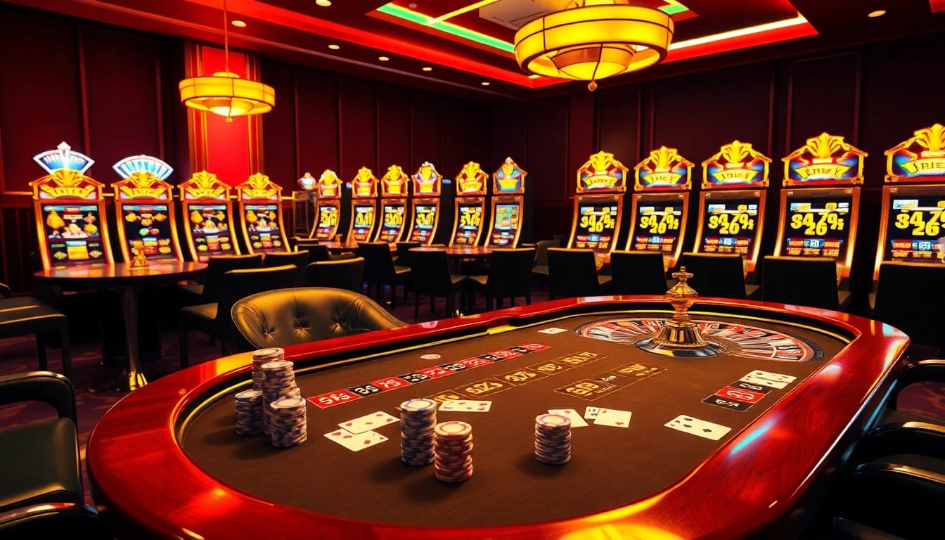The thrilling atmosphere of a 68VIP online casino with poker tables and vibrant slot machines.