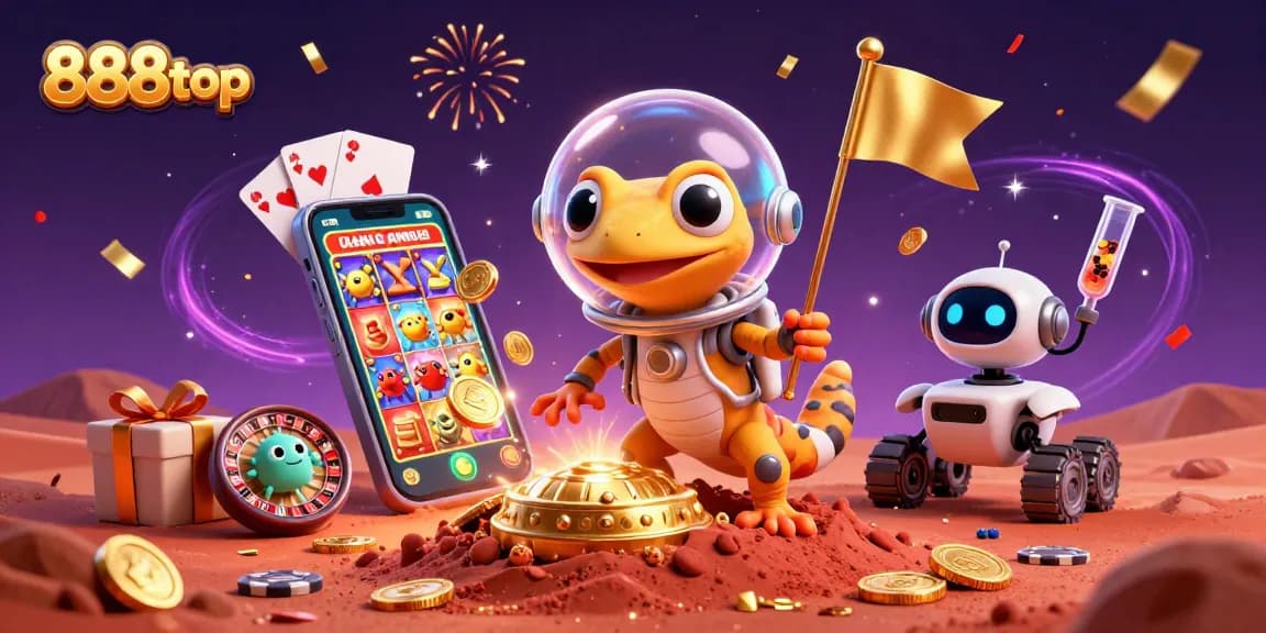 Engage with 888top in this vibrant Martian casino scene featuring a gecko explorer.