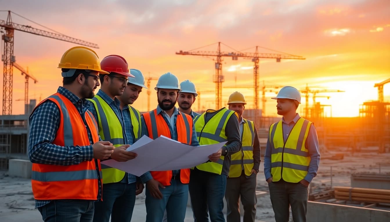 Workers collaborating on Texas construction news project at a vibrant sunset on-site.
