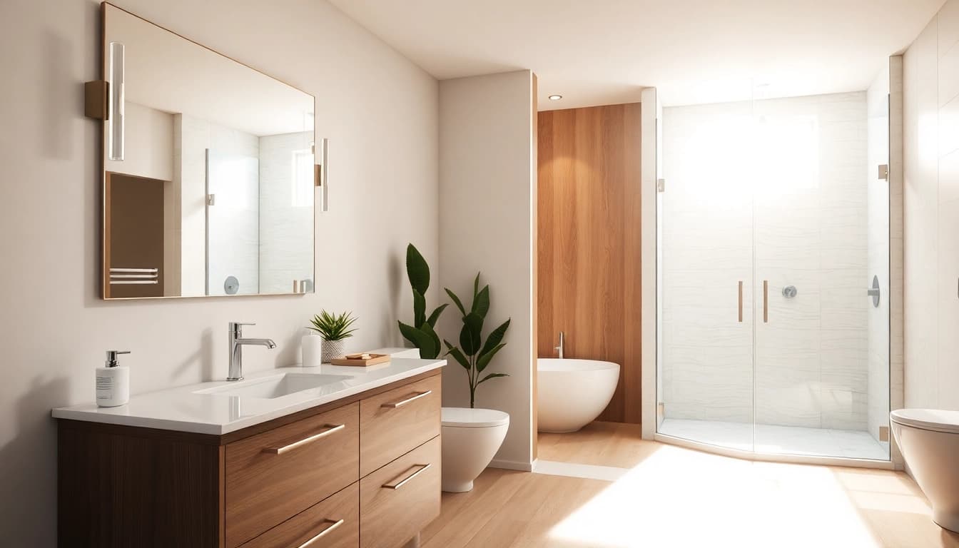 Bathroom renovations near me showcasing modern design and bright, welcoming atmosphere.