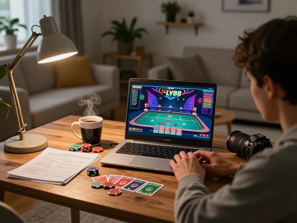 Engaging in online gaming on trang chủ FLY88, a player’s cozy setup with casino highlights.