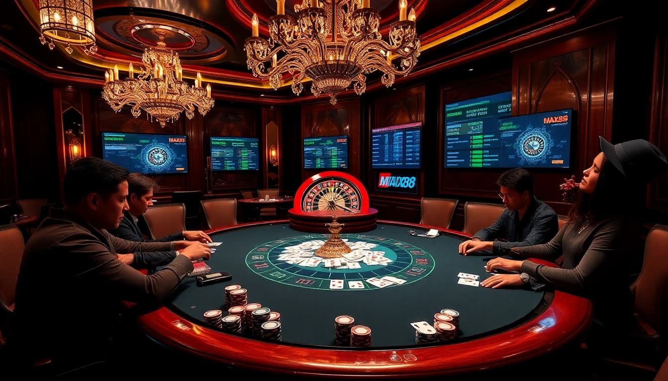 Exciting poker action at MAX88 casino with vibrant chips and high-stakes tension.