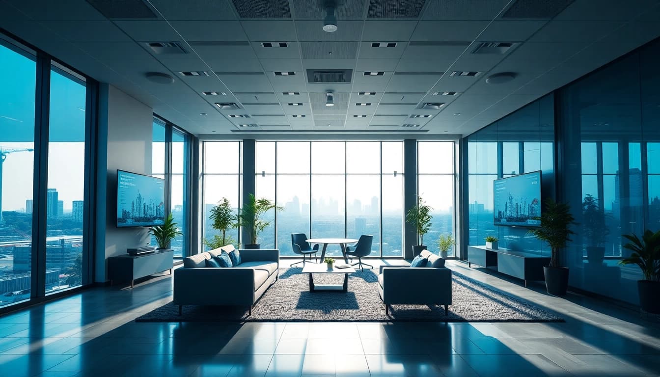 Modern commercial real estate office space in Pittsburgh with skyline views and contemporary design.